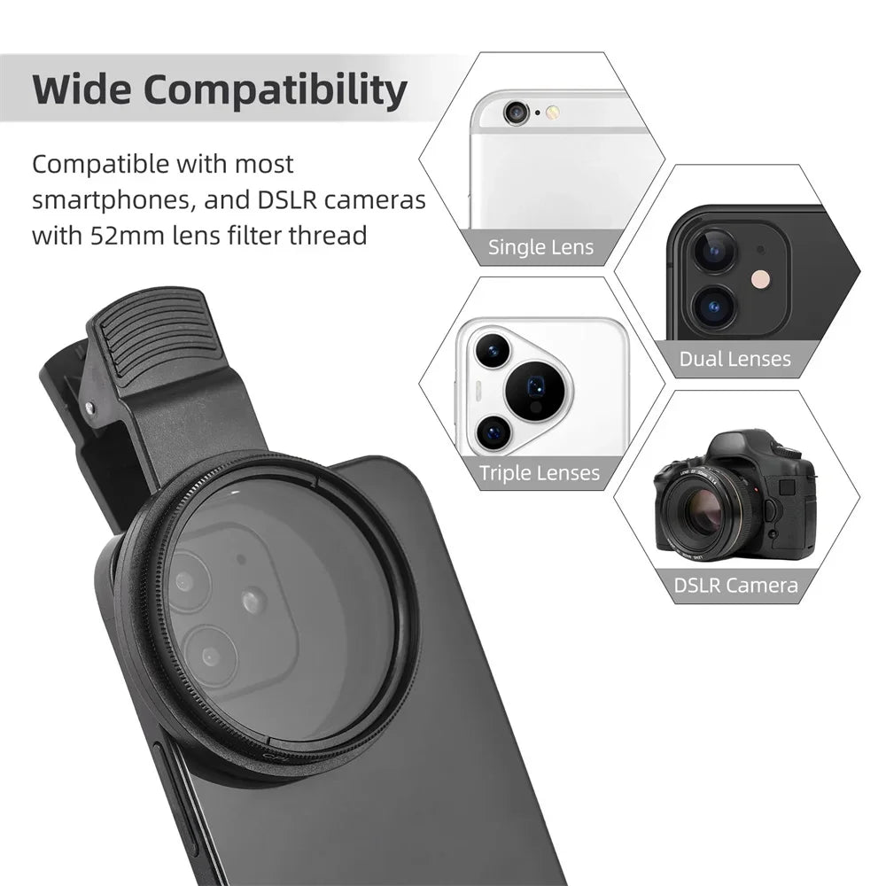 52mm CPL Polarizing Phone Lens Clip – Anti-Glare, No Reflection Camera Filter for iPhone & Android