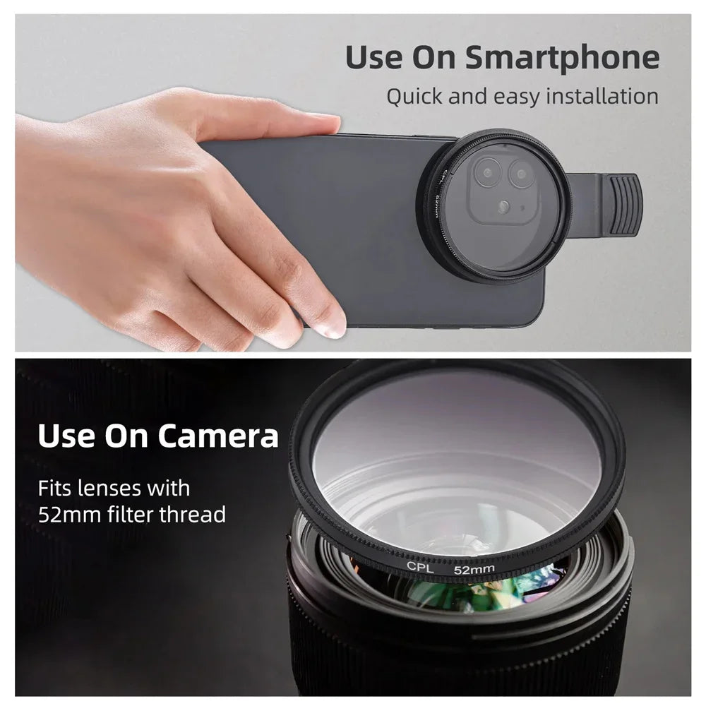 52mm CPL Polarizing Phone Lens Clip – Anti-Glare, No Reflection Camera Filter for iPhone & Android